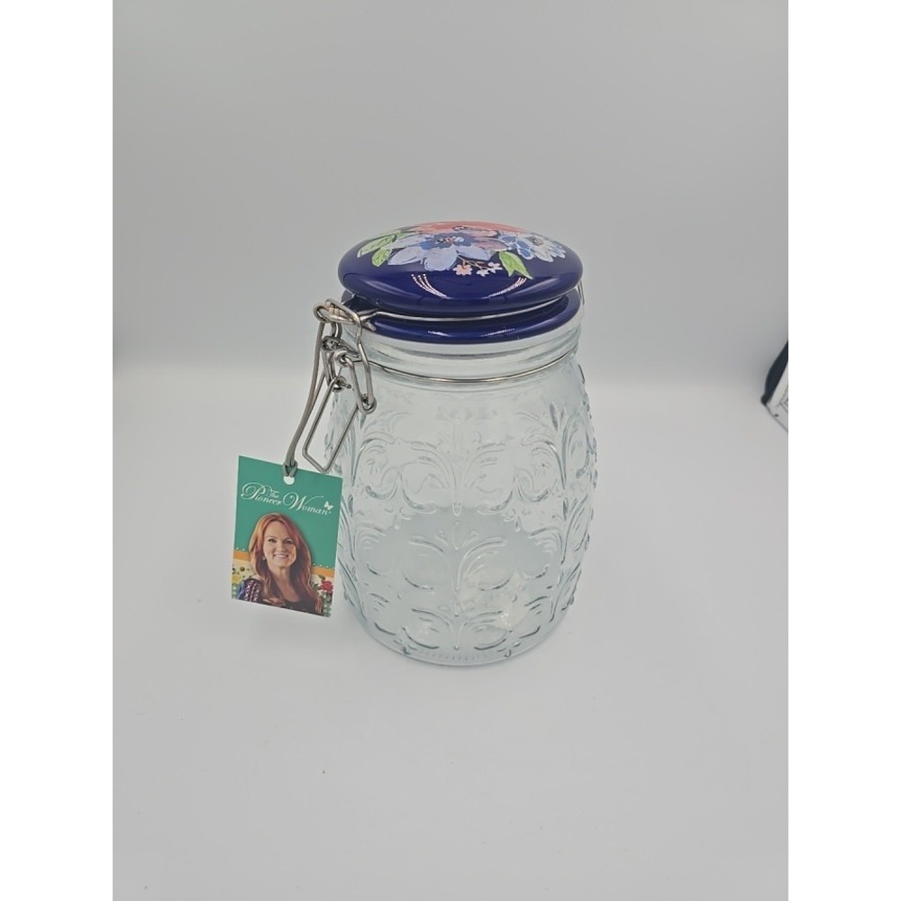 Pioneer‎ Woman Embossed Glass Jar Clamped Floral Blue Lid 63oz Storage Container